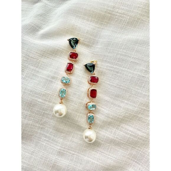 Bright red and blue cubic zirconia dangle faux pearl earrings  - Picture 1 of 3